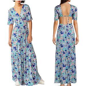 Ba&sh Maxi Dress Large 8 Blue Floral Cutout Feminine Party Flowy Holiday Cruise